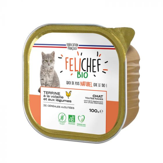 FELICHEF - Terrine Bio pour chat volaille sans céréales barquette de 100g